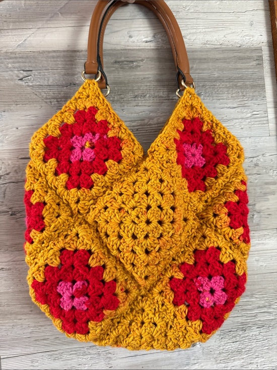 Handcrafted Handbags - Handmade Mustard Crochet Shoulder Bag with Pink & Red Floral Squares